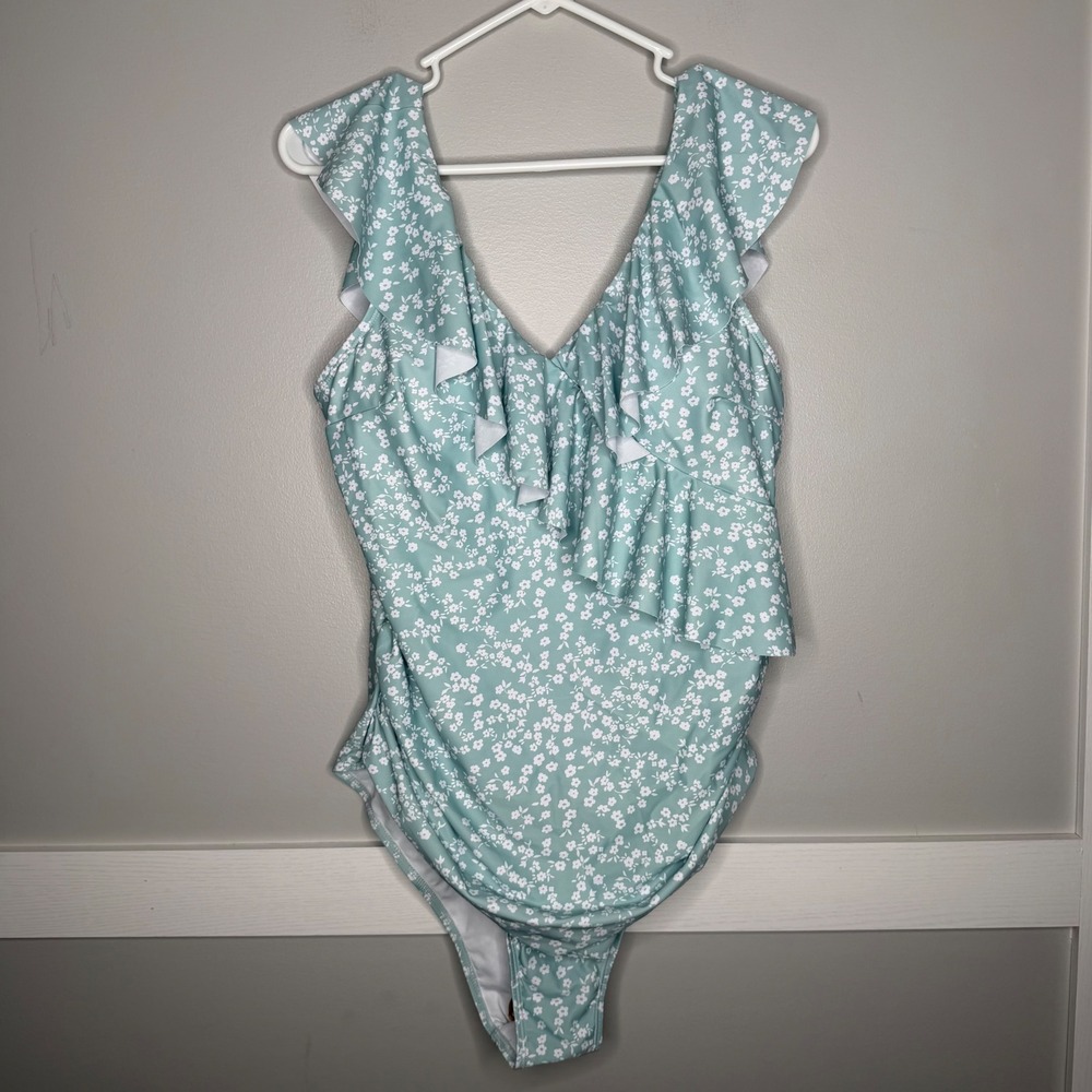 Yesfashion One Piece Swimsuit Women XXL Green Floral Ruffle V-Neck Monokini